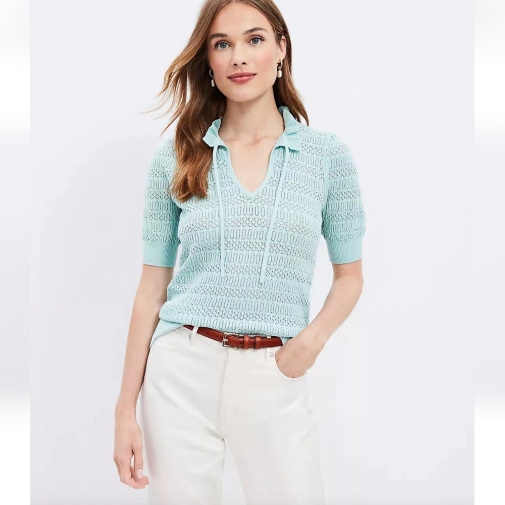 LOFT Pointelle Tie Neck Sweater Tee 100% Cotton, Size LARGE